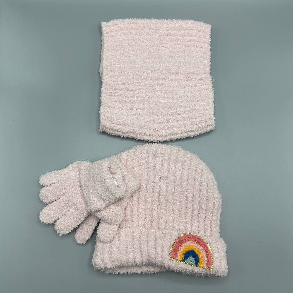 Toby Kids Winter Hat Scarf Gloves Rainbow Set Size 4-6X Pink